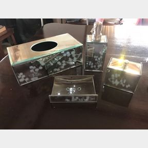 Mirror bathroom set including tissue box. soap dispenser. cotton bud jar and soap dish