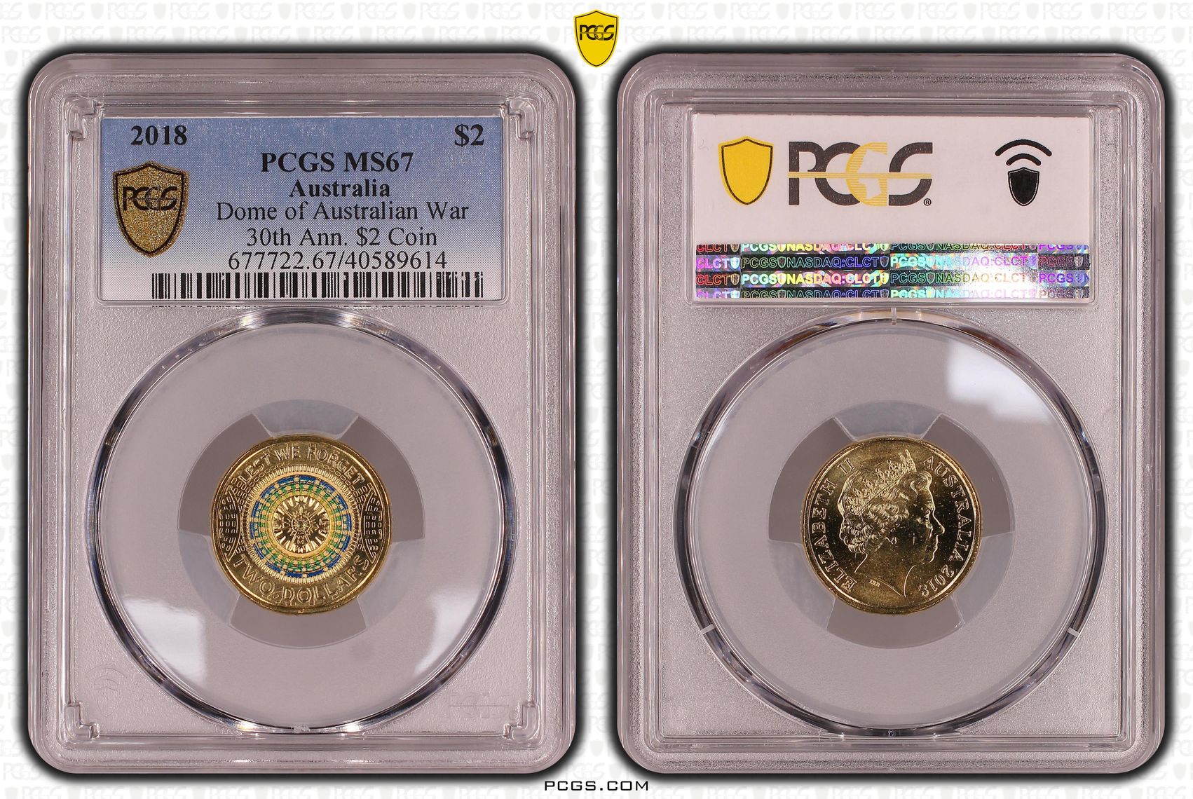 Dome of Australian War 30th Ann. $2 Coin Colourised, Two Dollar, 2018, PCGS MS67