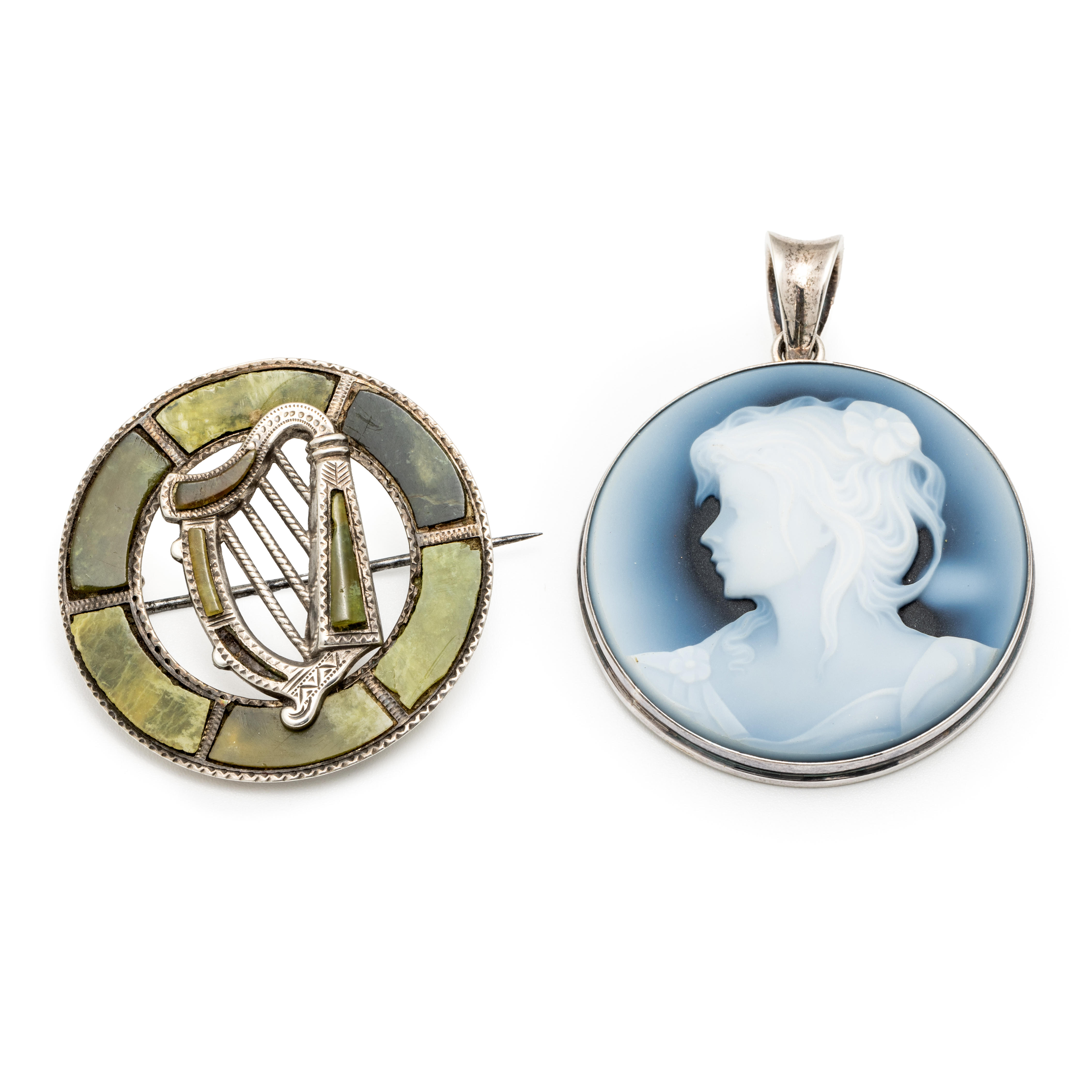 225 · Silver Cameo Pendant & Silver Irish Brooch