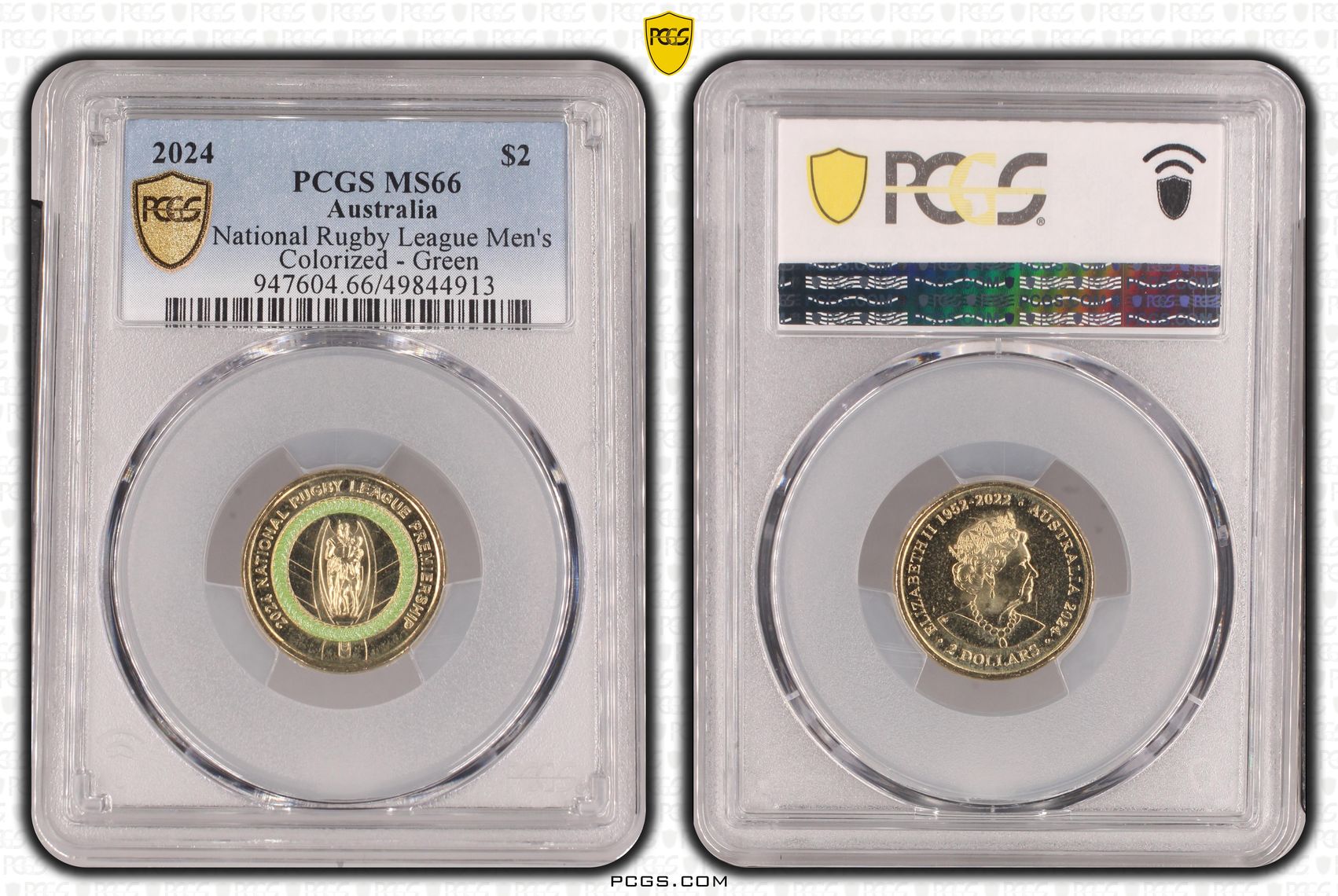National Rugby League Men's Colorized - Green, Two Dollar, 2024, PCGS MS66