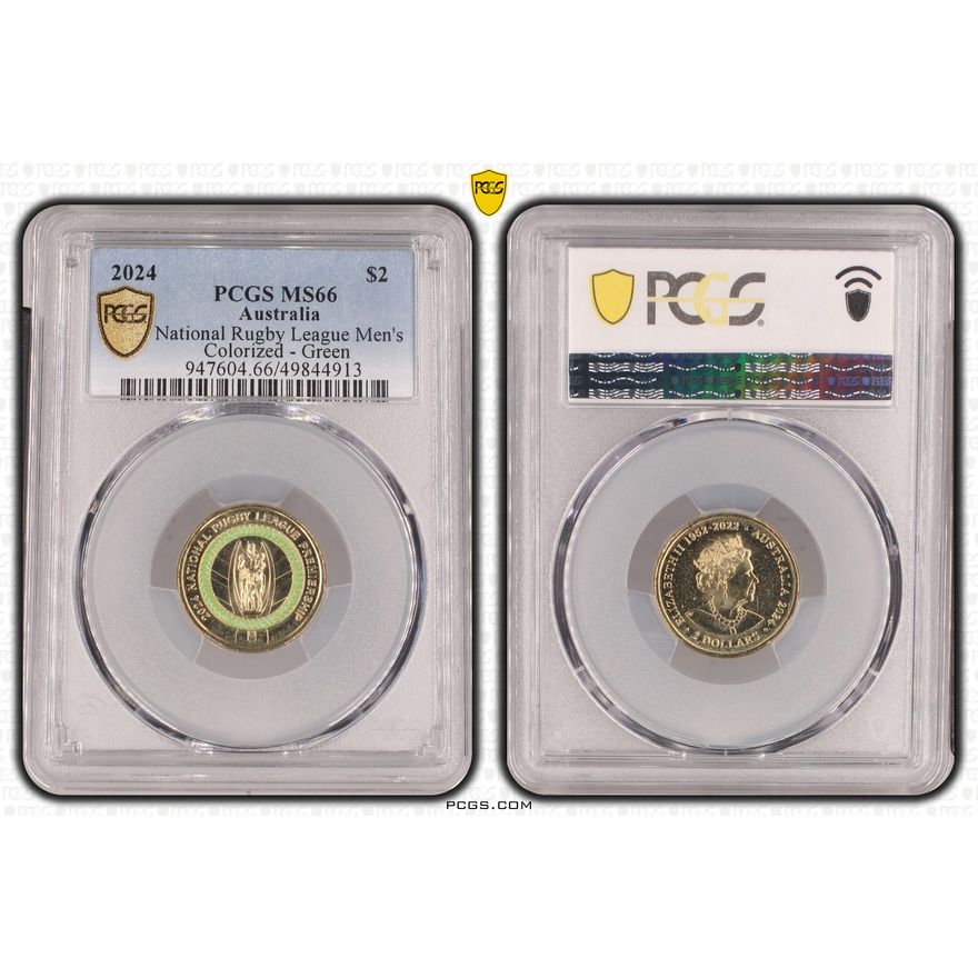National Rugby League Men's Colorized - Green, Two Dollar, 2024, PCGS MS66