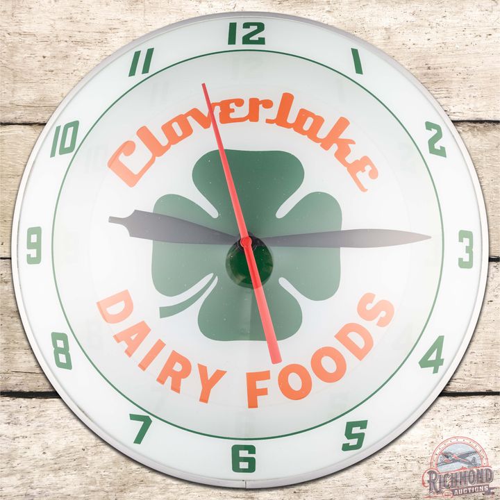 Cloverlake Dairy Foods 15" Double Bubble Advertising Clock w/ Fourleaf Clover