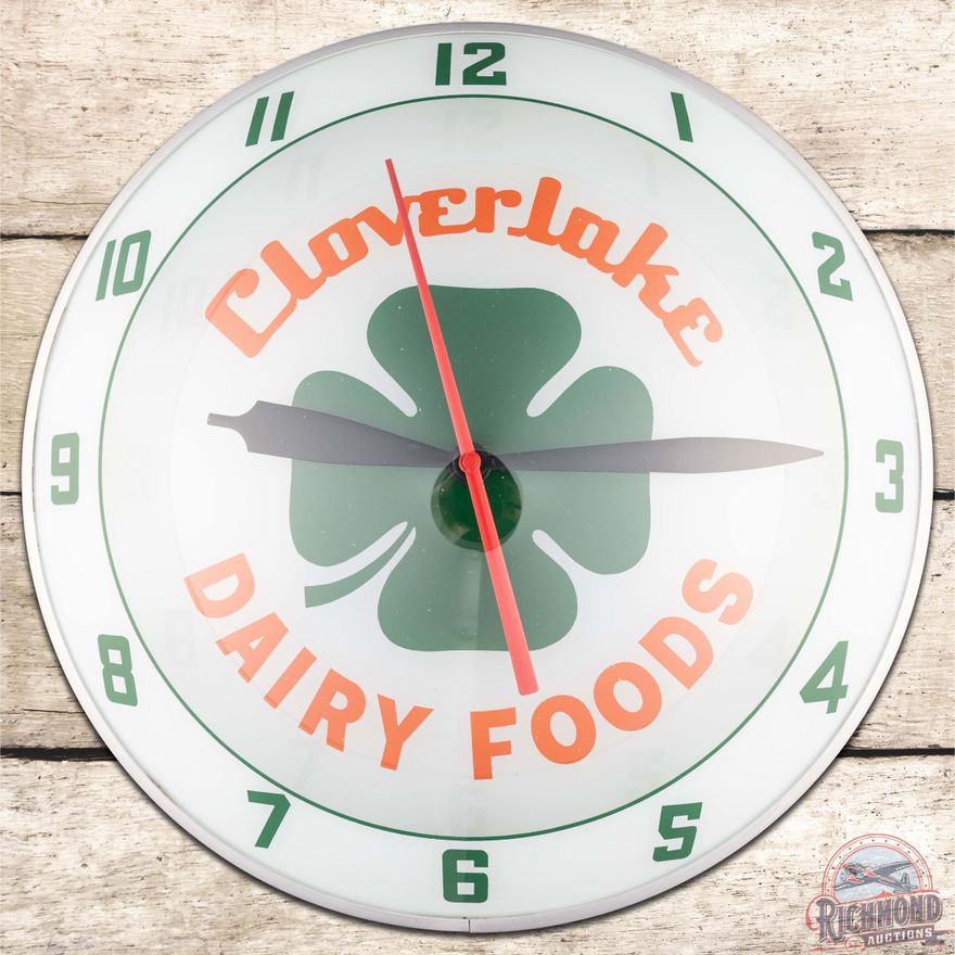 Cloverlake Dairy Foods 15" Double Bubble Advertising Clock w/ Fourleaf Clover