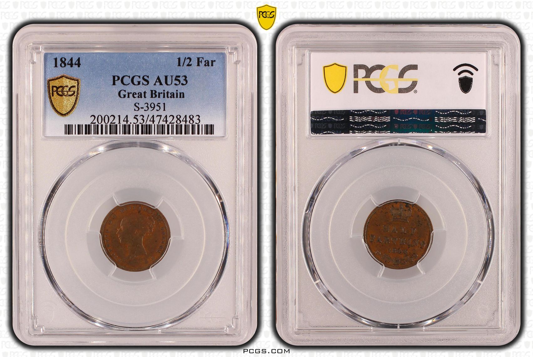 Great Britain, S-3951, Half Farthing, 1844, PCGS AU53BN