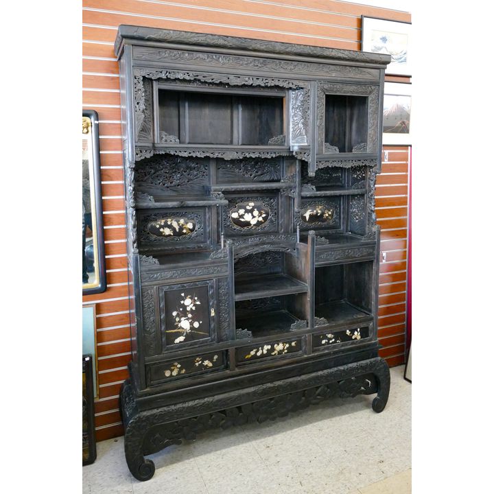 Meiji Japanese Shodana Bone Applique Collector Cabinet- 80x58x15'' with some missing panels and applique