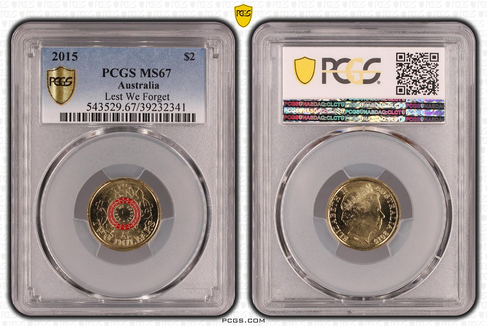 2015 Australia Two Dollar, $2 Lest We Forget PCGS - MS67 -341 POP 40/0
