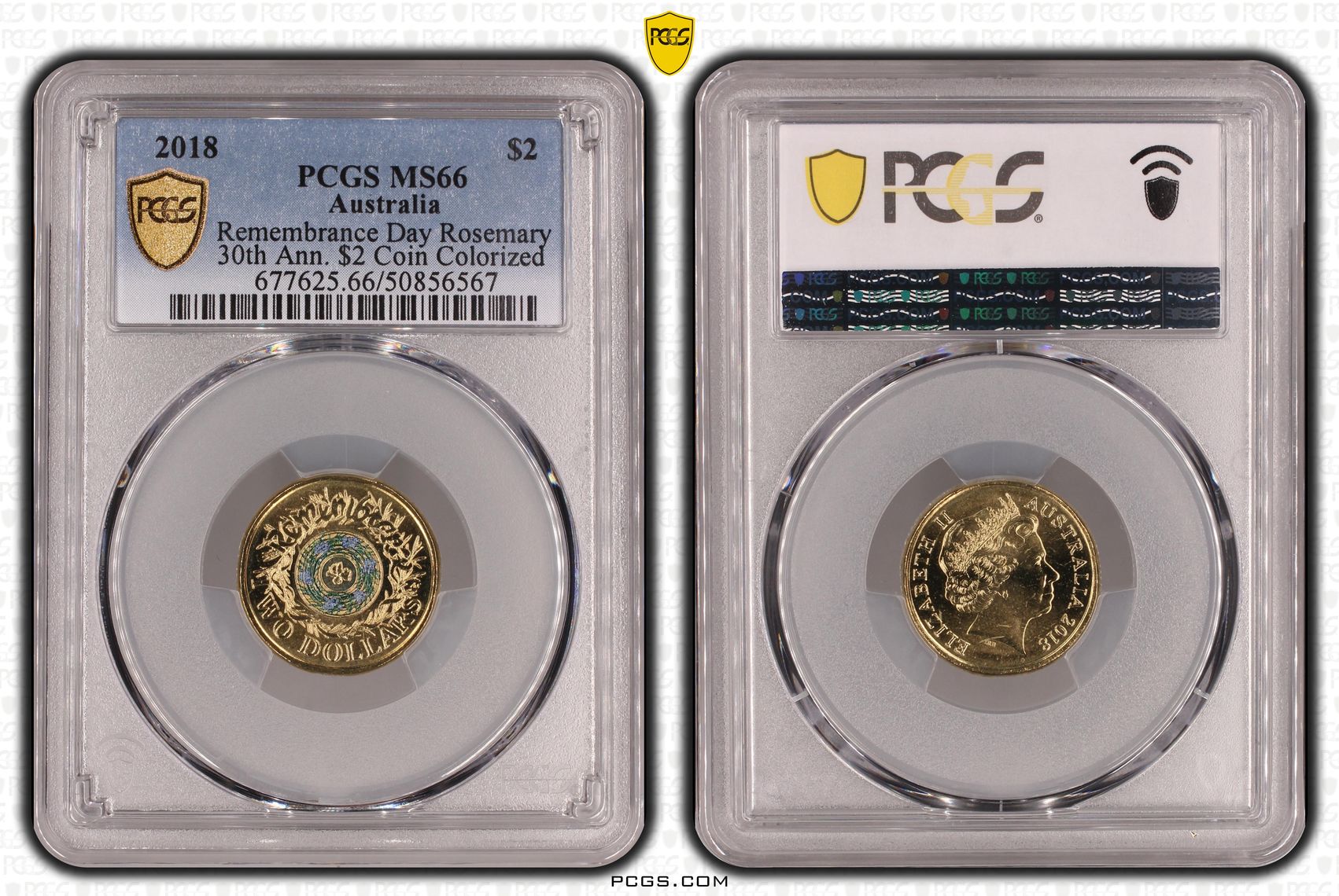 Remembrance Day Rosemary 30th Ann. $2 Coin Colorized , Two Dollar, 2018, PCGS MS66