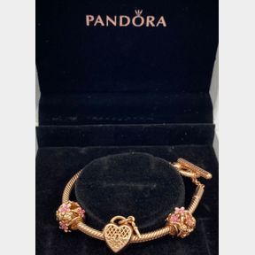 Original Pandora rose gold T Bar bracelet with flower charms /17.8g - 50693/212