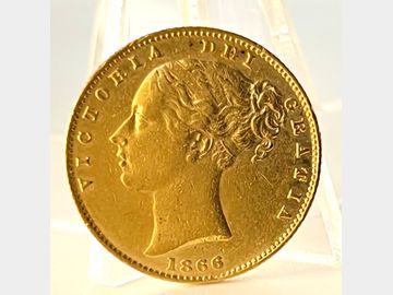 1866 VICTORIA YOUNG HEAD #DIE 71 LONDON MINT SHIELD GOLD SOVEREIGN