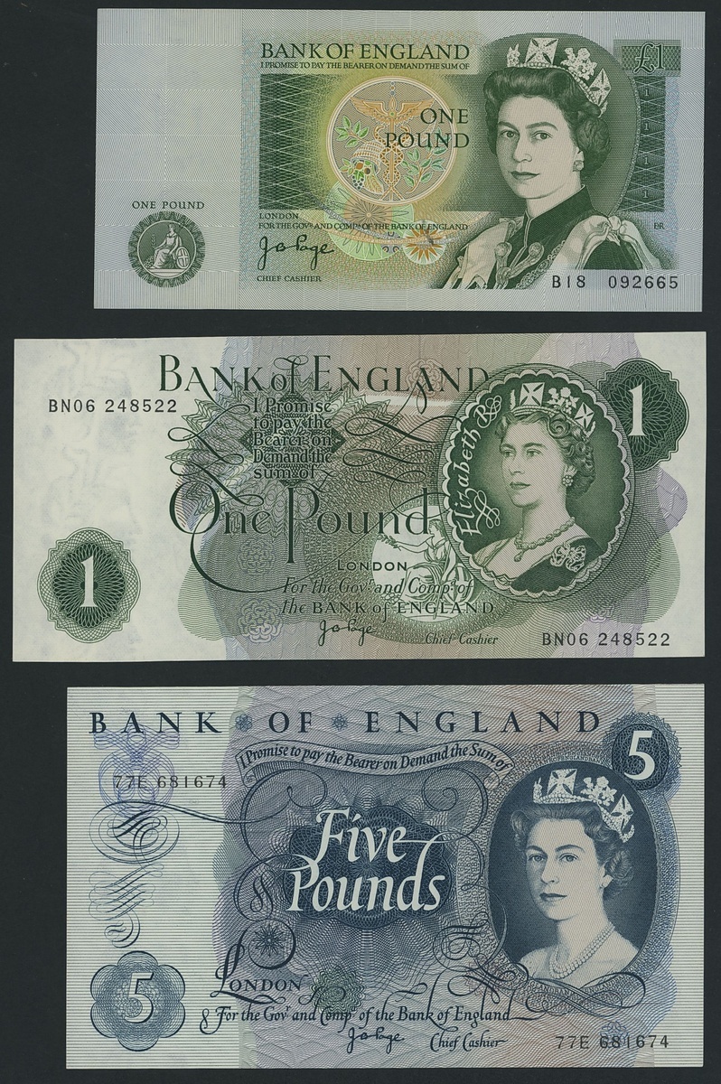 Bank of England, [7 notes] £1, £5, £10, £20, J. B. Page, 1970-78, (EPM ...