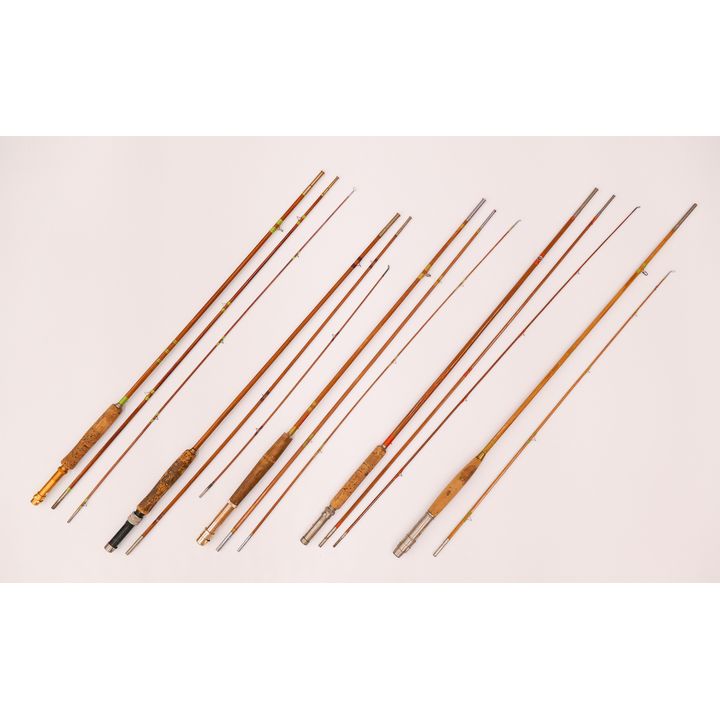5pc Vintage Split Bamboo Fly Fishing Rods with Green & Red Wraps. Markings include: Beaverkill, Jorgensen, and Governor. 2 unmarked.