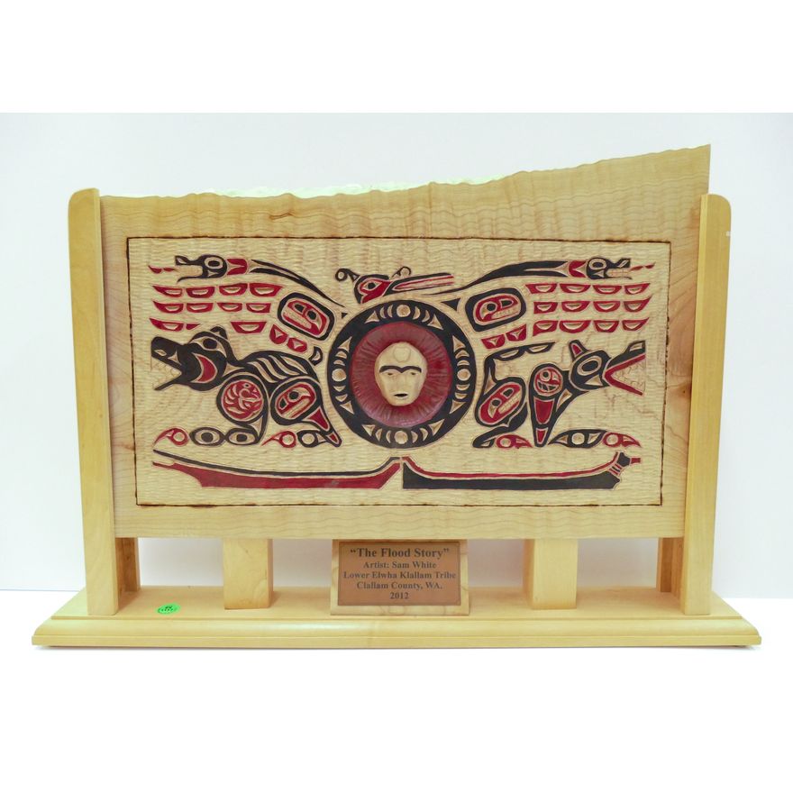 Sam White (Klallam) ''The Flood Story'' 2012 Cedar Plaque on Stand 16''x24''
