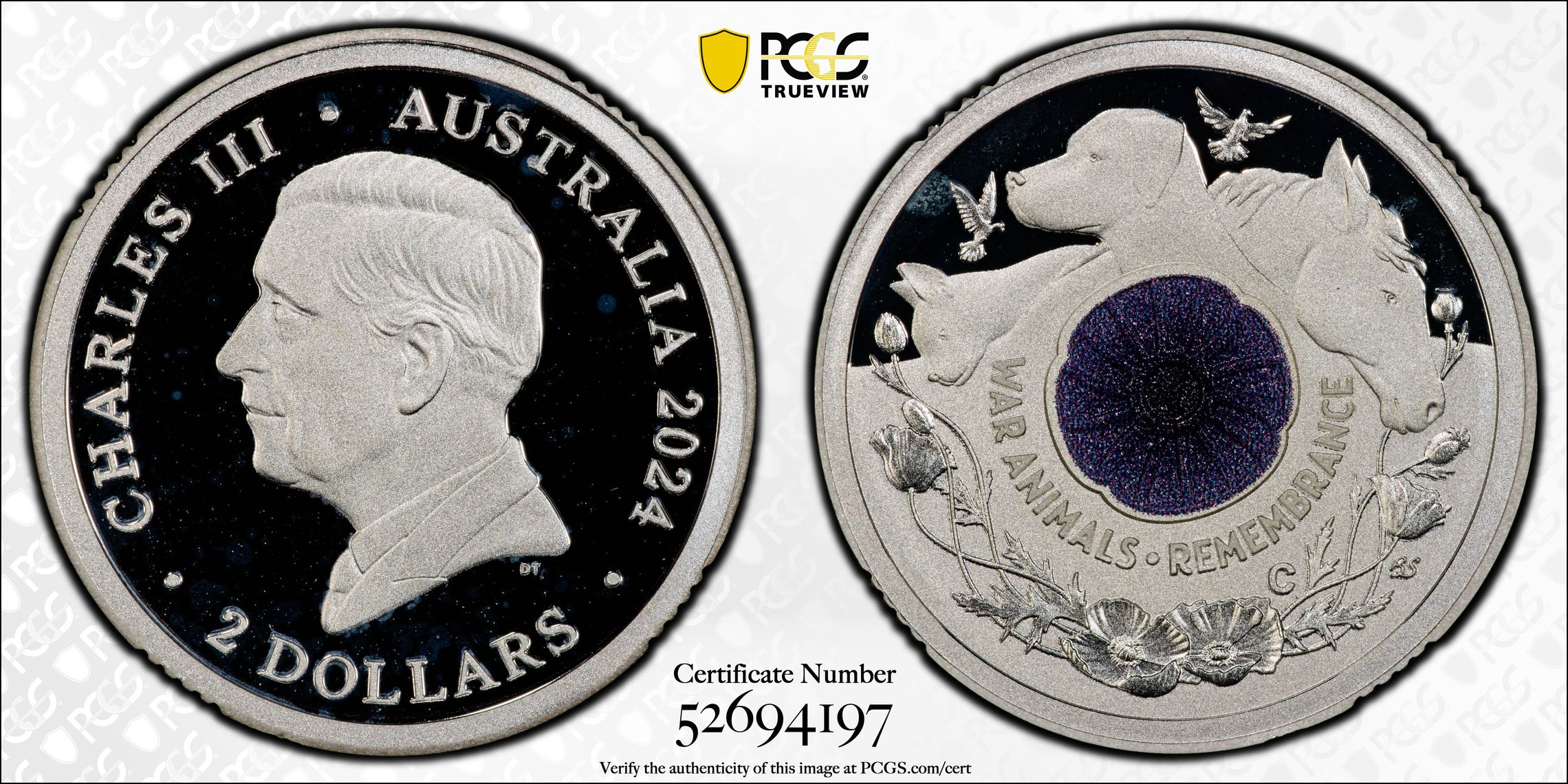 Charles III, War Animal Remembrance Silver Colourised, Two Dollar, 2024-C, PCGS PR67DCAM