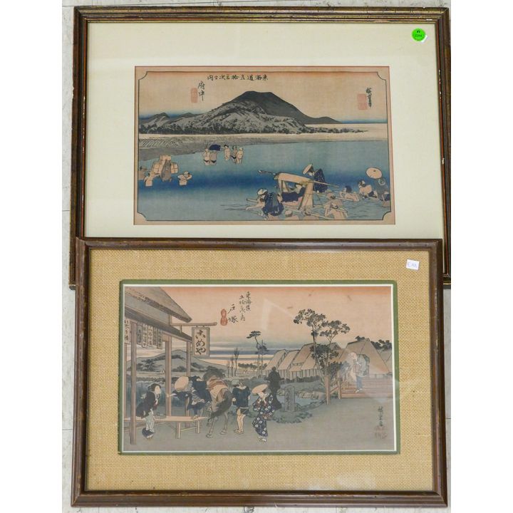 2pc Vintage Japanese Landscape Woodblocks Framed 16''x20'' Largest