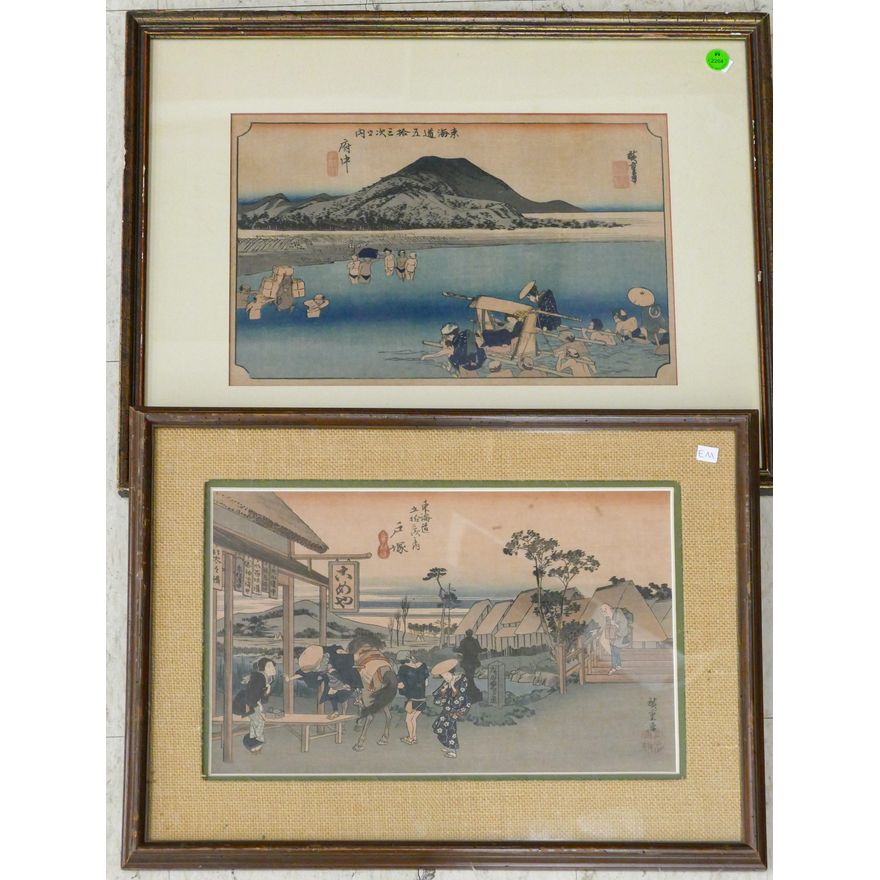 2pc Vintage Japanese Landscape Woodblocks Framed 16''x20'' Largest