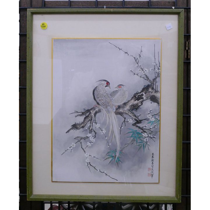 Japanese Pheasants Shikishi Board Painting Framed- 21x17''
