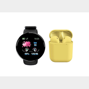 SMART WATCH D18 WITH I12 TWS WIRELESS BLUETOOTH EAR PODS WITH CHARGING BOX - BLACK AND YELLOW -