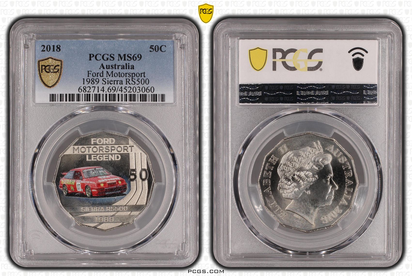 2018 Australia Fifty Cent, 50c Ford Motorsport - 1989 Sierra RS500 PCGS - MS69 -060