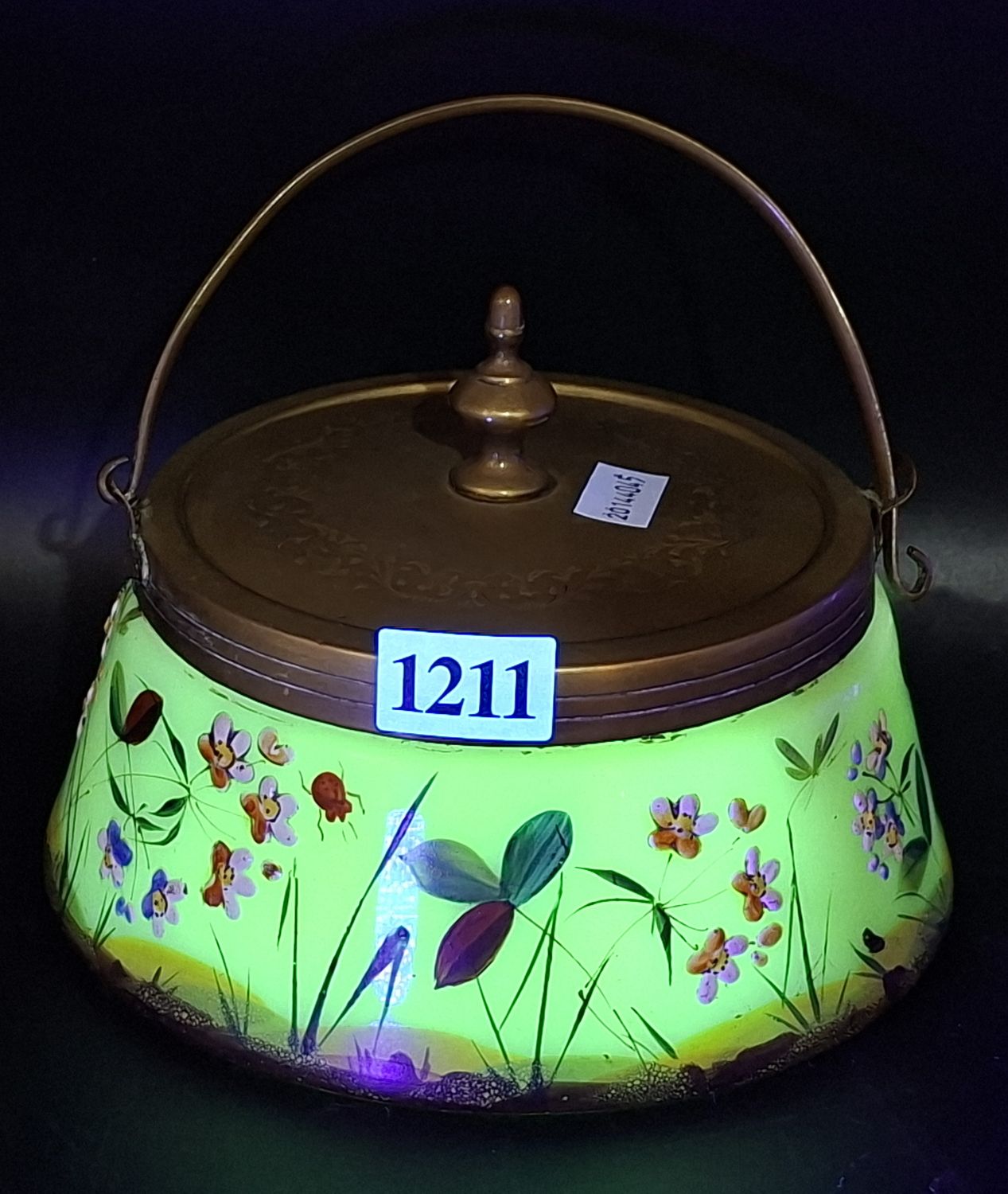 1211 · HAND PAINTED URANIUM GLASS BISCUIT BARREL