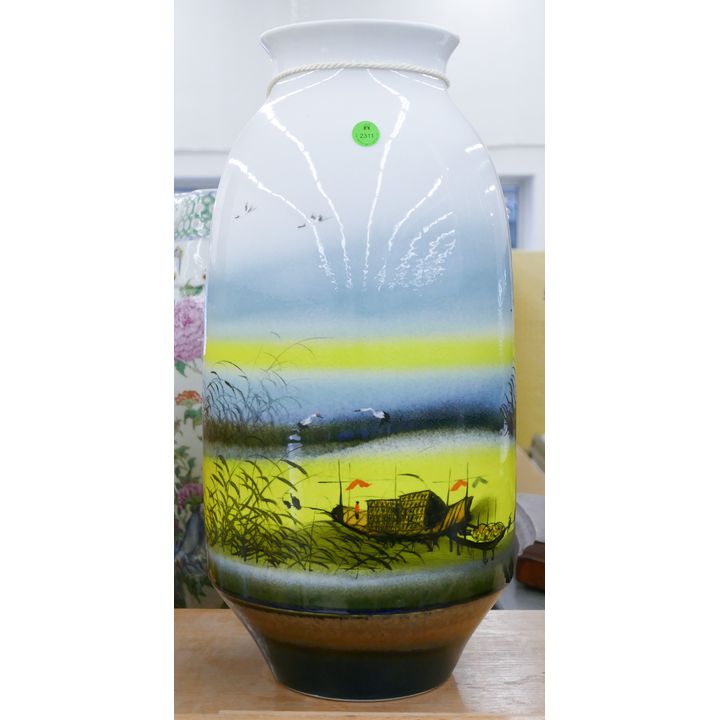 Chinese Painted Junk Ships Sunset Porcelain Vase 19''