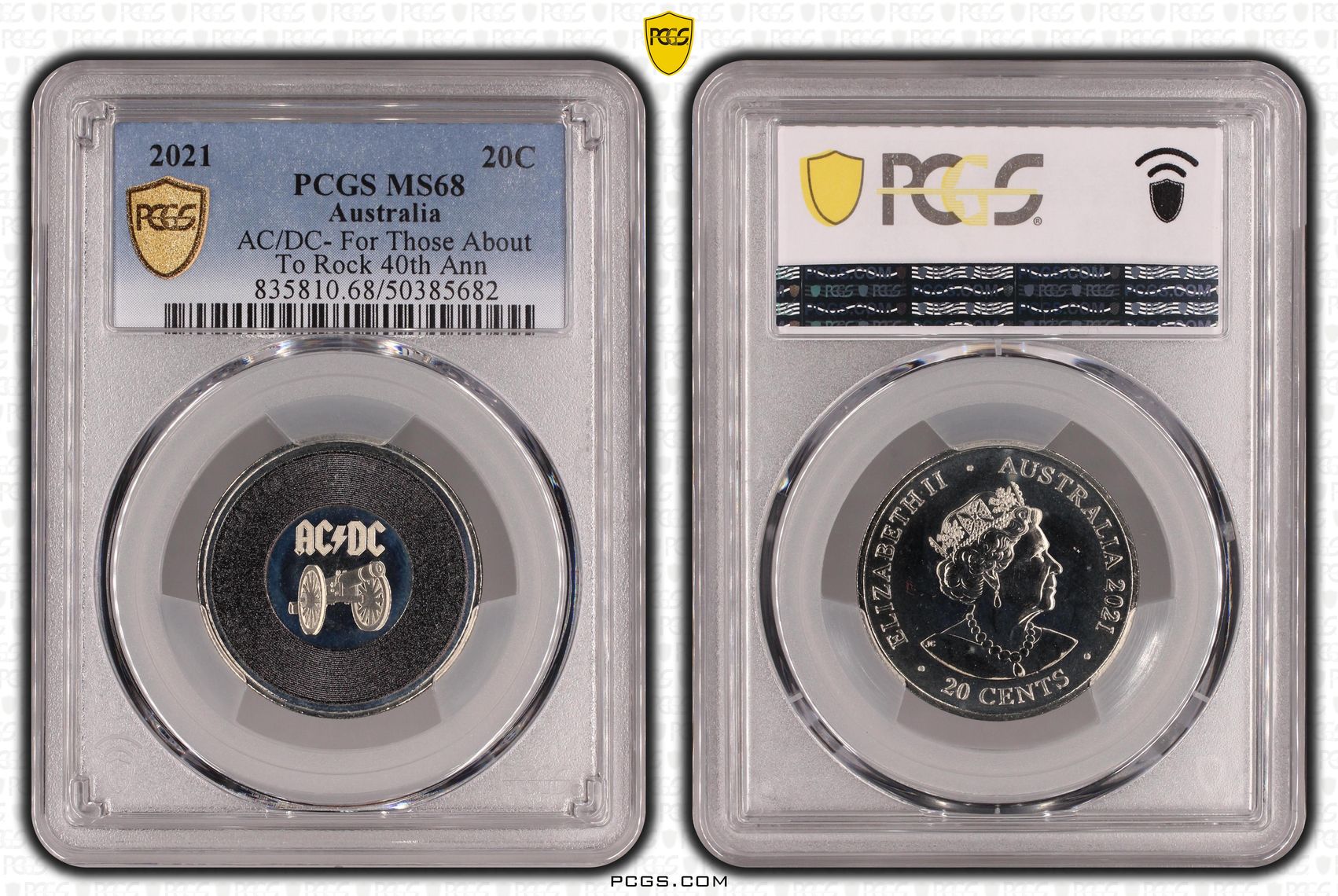 161 · Elizabeth II, AC/DC- For Those About To Rock , Twenty Cent, 2021, PCGS MS68