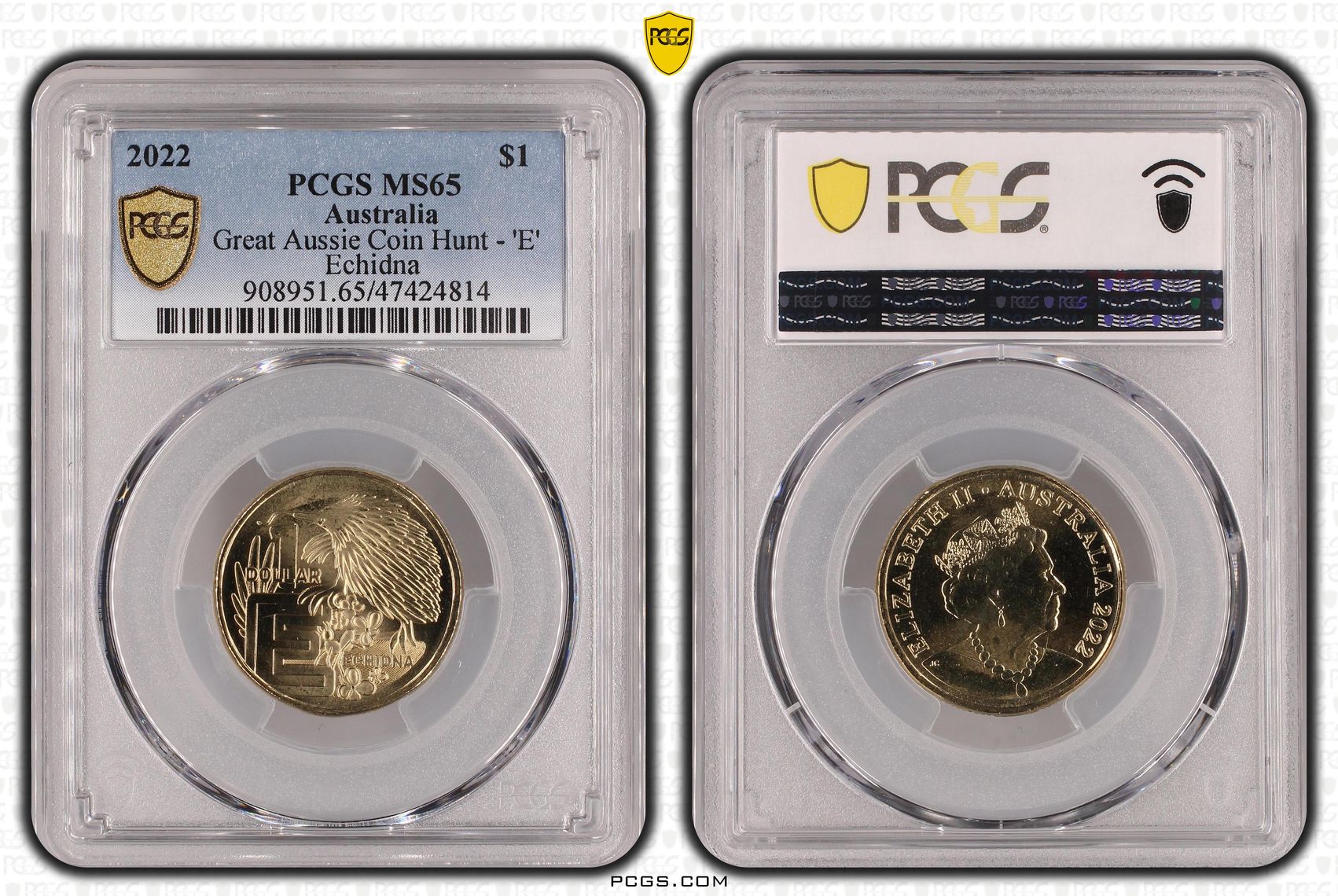 Great Aussie Coin Hunt - 'E', One Dollar, 2022, PCGS MS 65