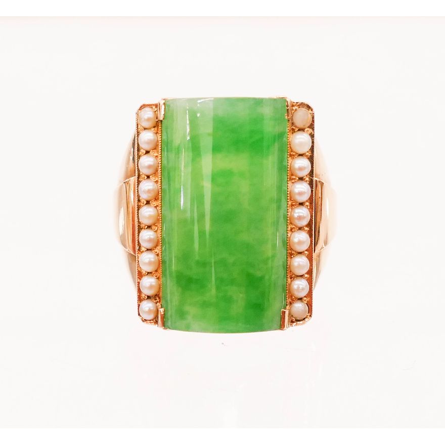 Men's 14k Jadeite and Seed Pearl Ring Size 10.5