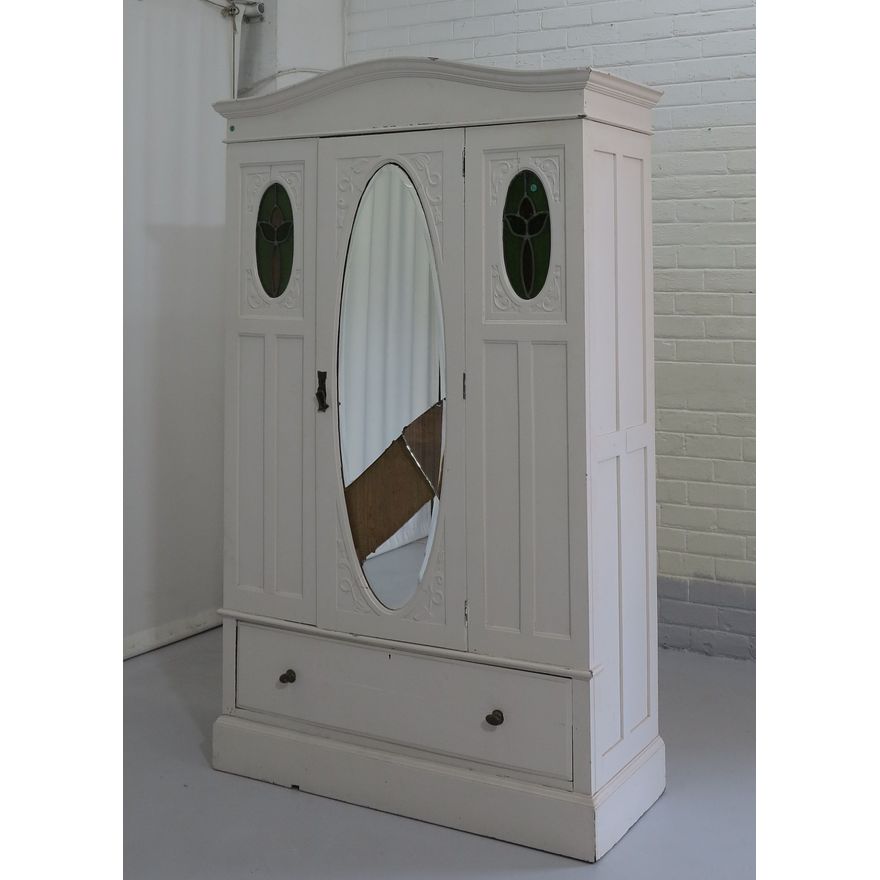 ART NOUVEAU PAINTED WARDROBE WITH INSET LEAD GLAZED PANELS
