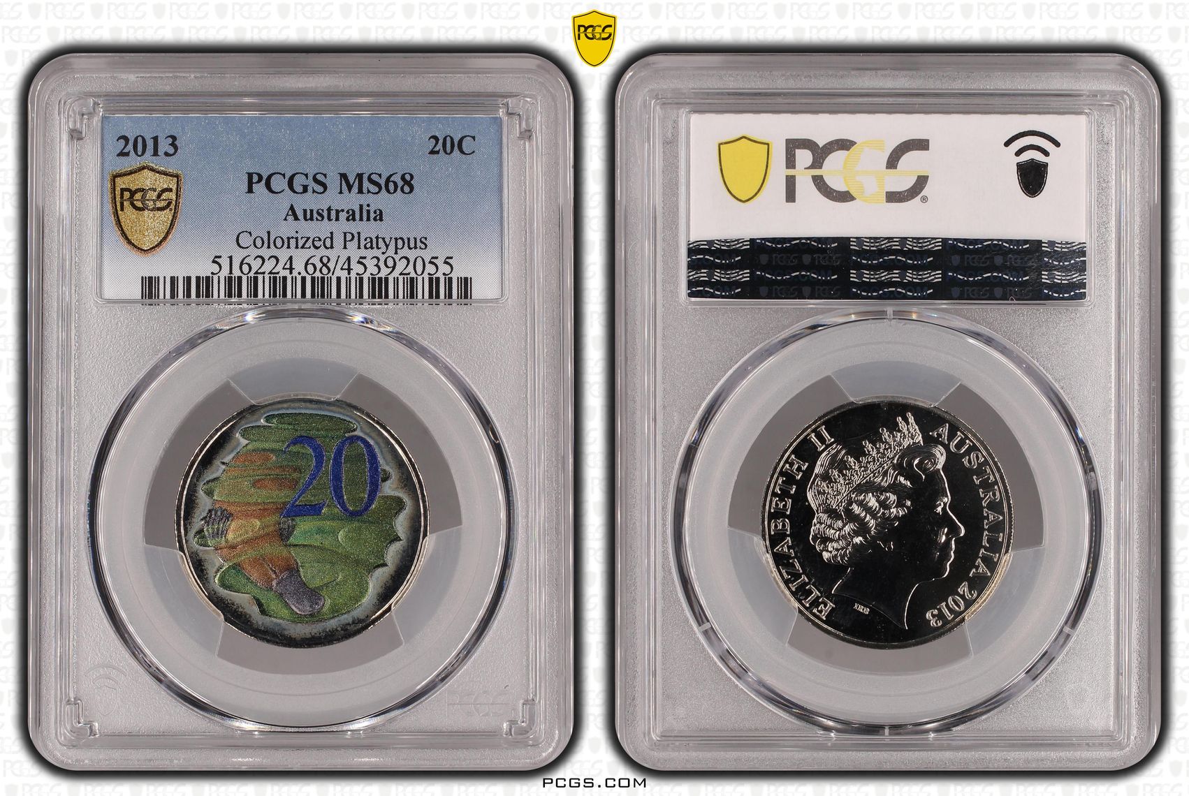 Elizabeth II, Colorized Platypus, Twenty Cent, 2013, PCGS MS 68