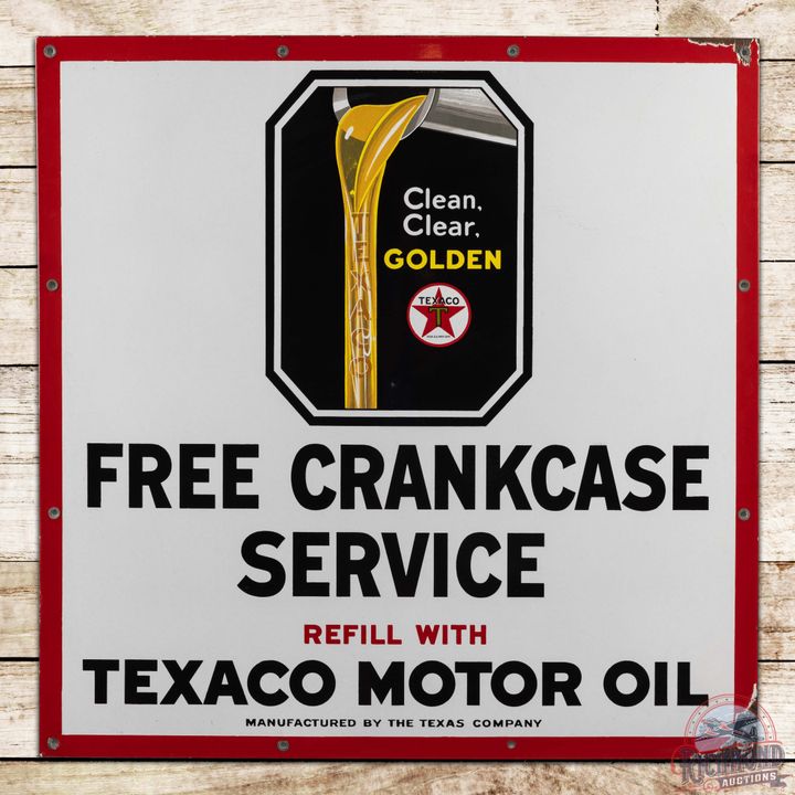 Superb Texaco Motor Oil Clean Clear Golden "Free Crankcase Service" Single Sided Porcelain Sign