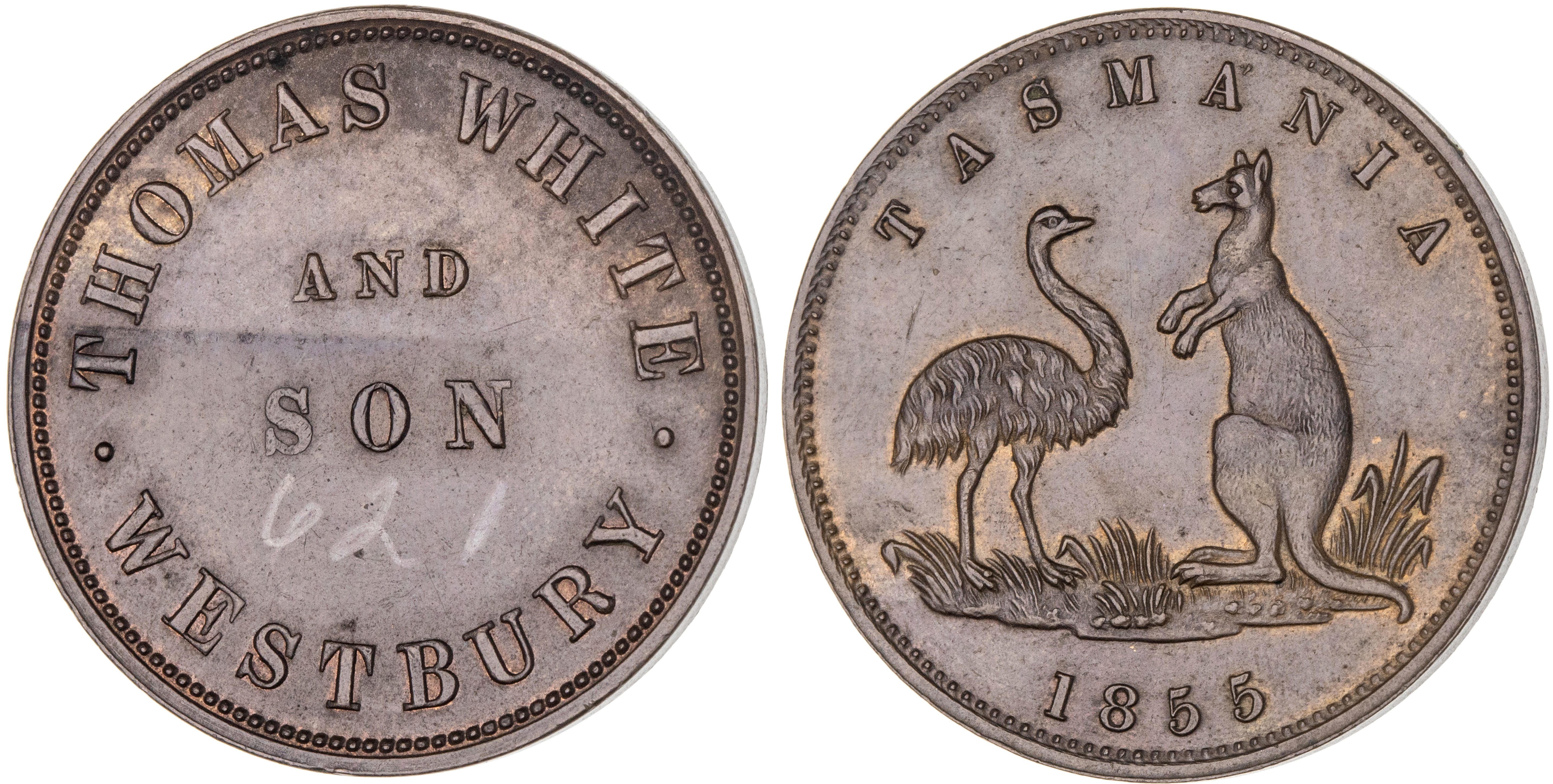 Westbury, Tasmania, Thomas White, Halfpenny, 1855, UNC