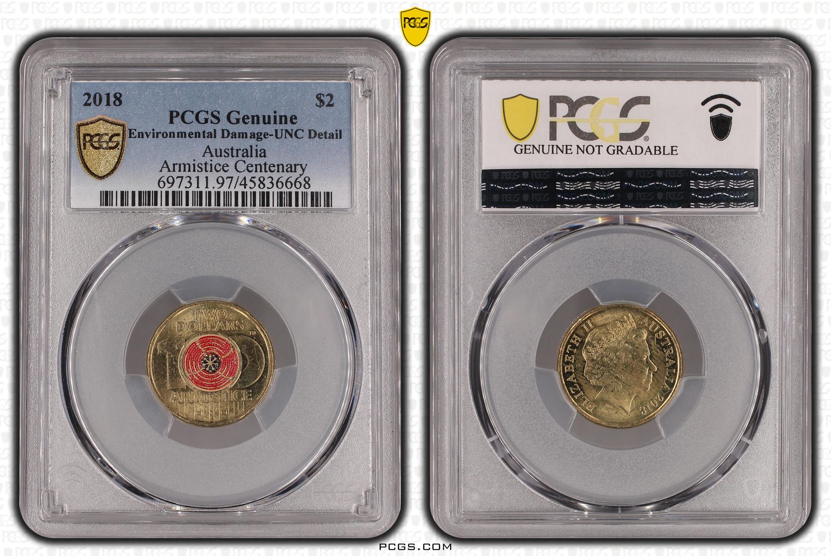 Armistice Centenary Colourised, Two Dollar, 2018, PCGS Genuine - UNC Details (97 - Environmental Damage)