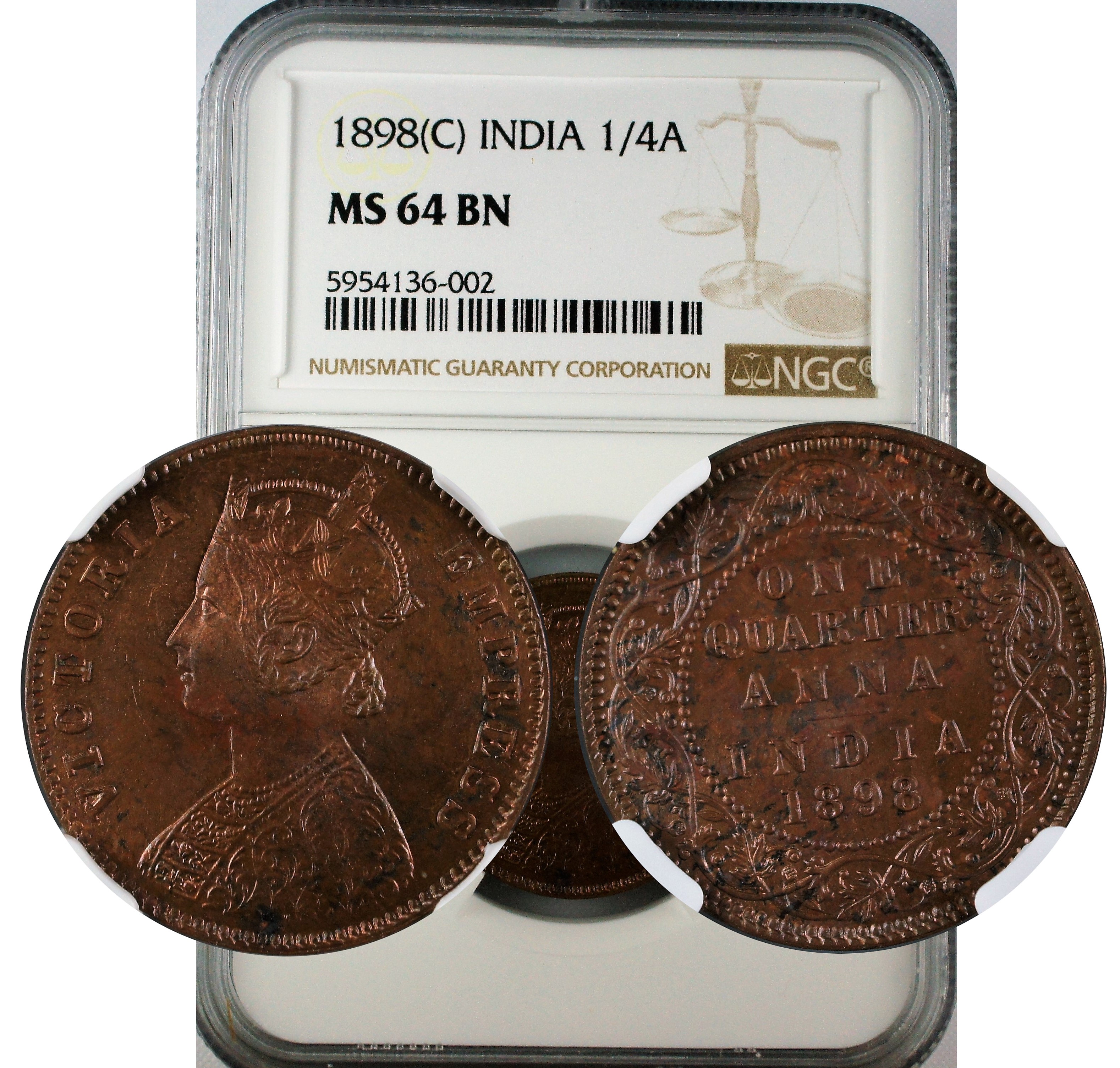 India 1898 C 1/4 Anna NGC MS64 BN