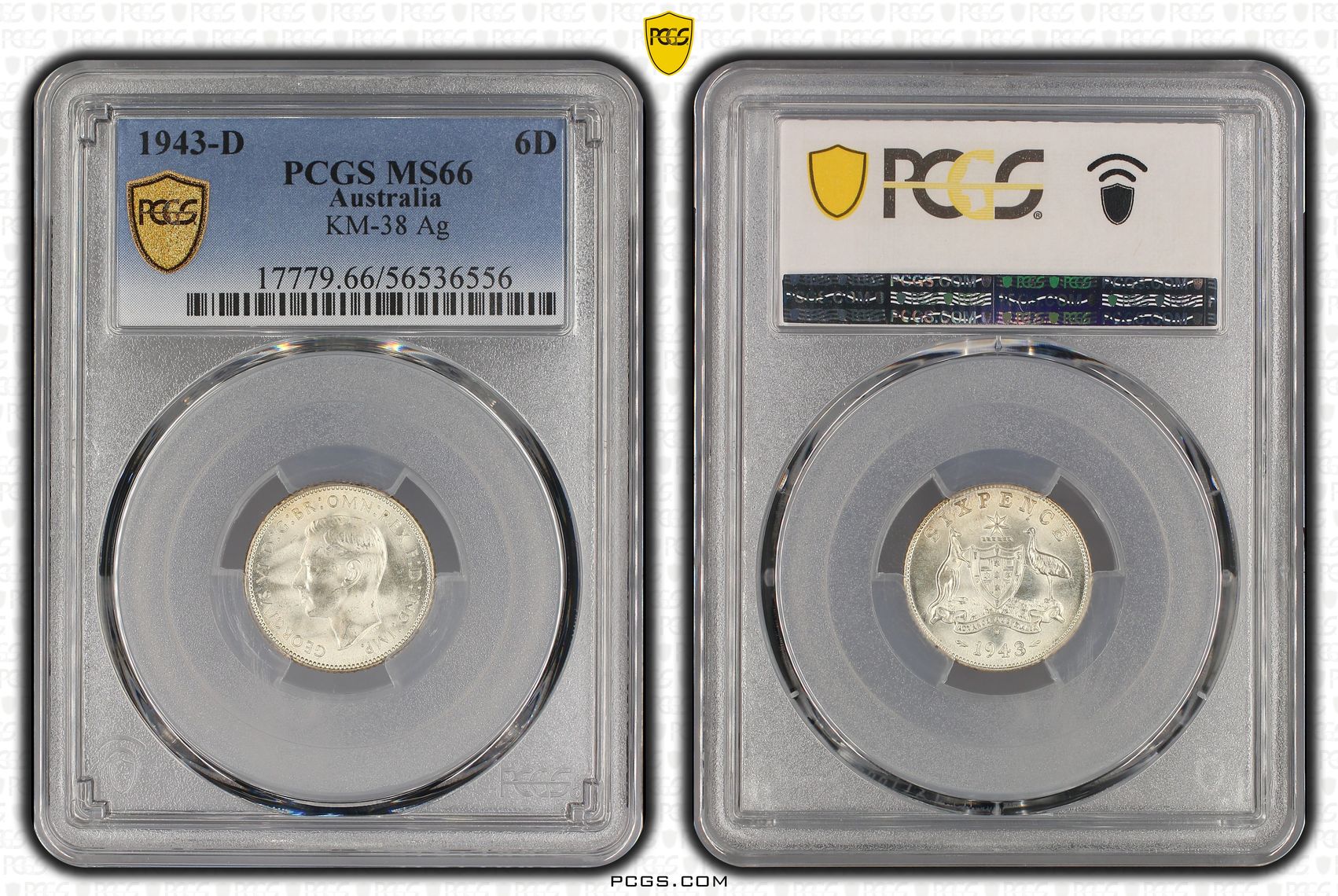 George VI, Sixpence, 1943-D, PCGS MS66