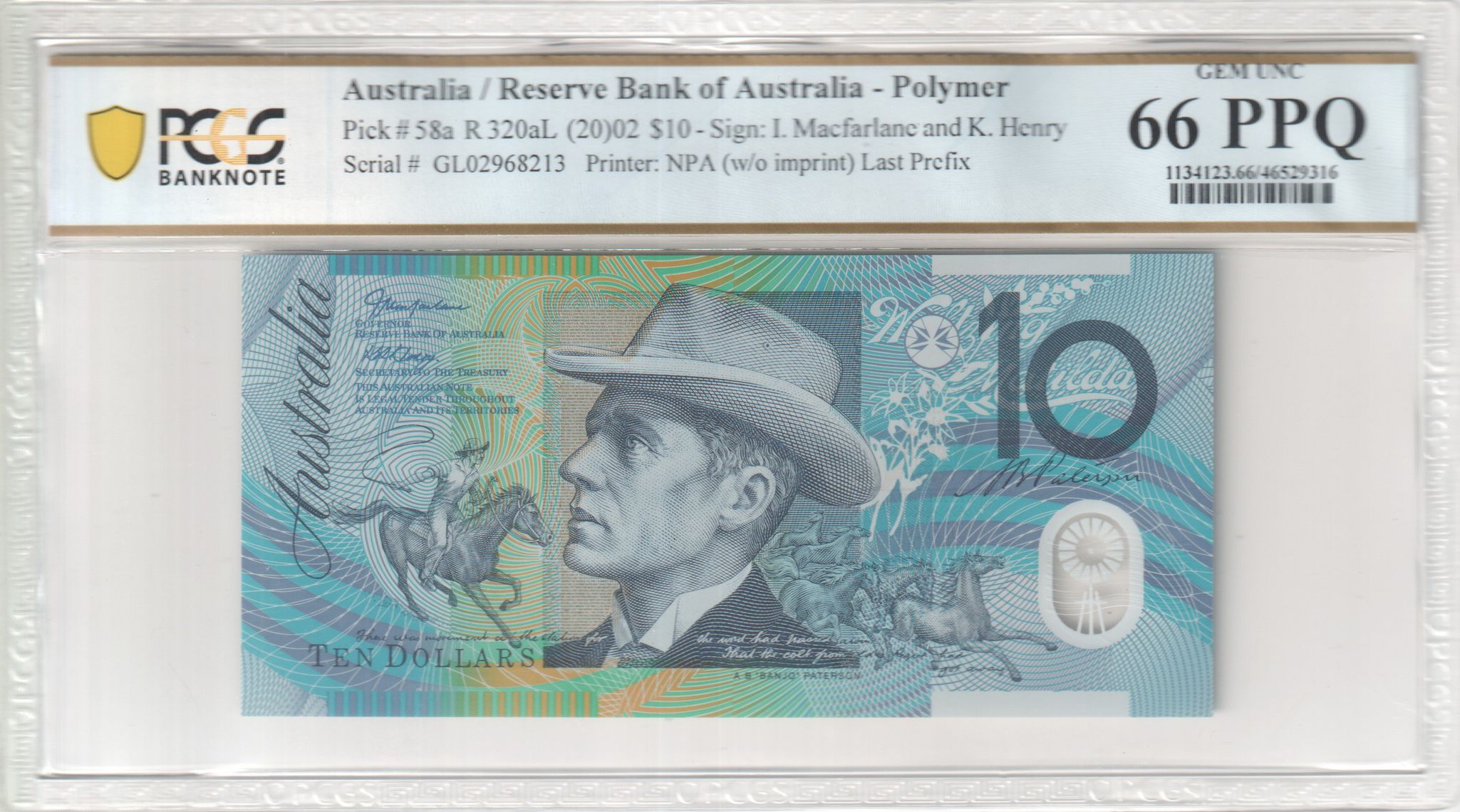 Macfarlane/Henry, Last Prefix, Ten Dollar, 2002, PCGS Gem UNC 66 PPQ