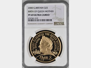 2000 PROOF GOLD 5 POUND BIRTH OF QUEEN MOTHER PF69 UCAM BOX & CERTIFICATE