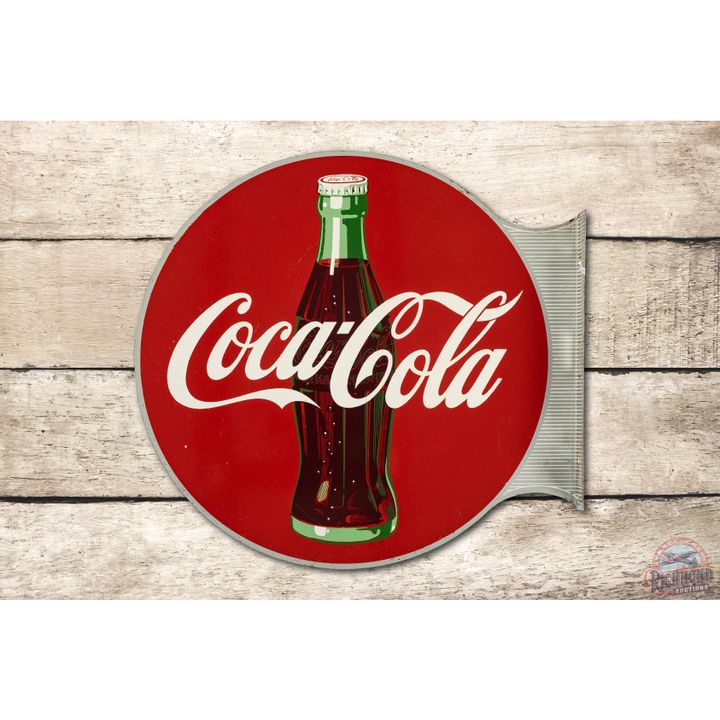 1951 Coca Cola & Bottle Round Tin Flange Sign