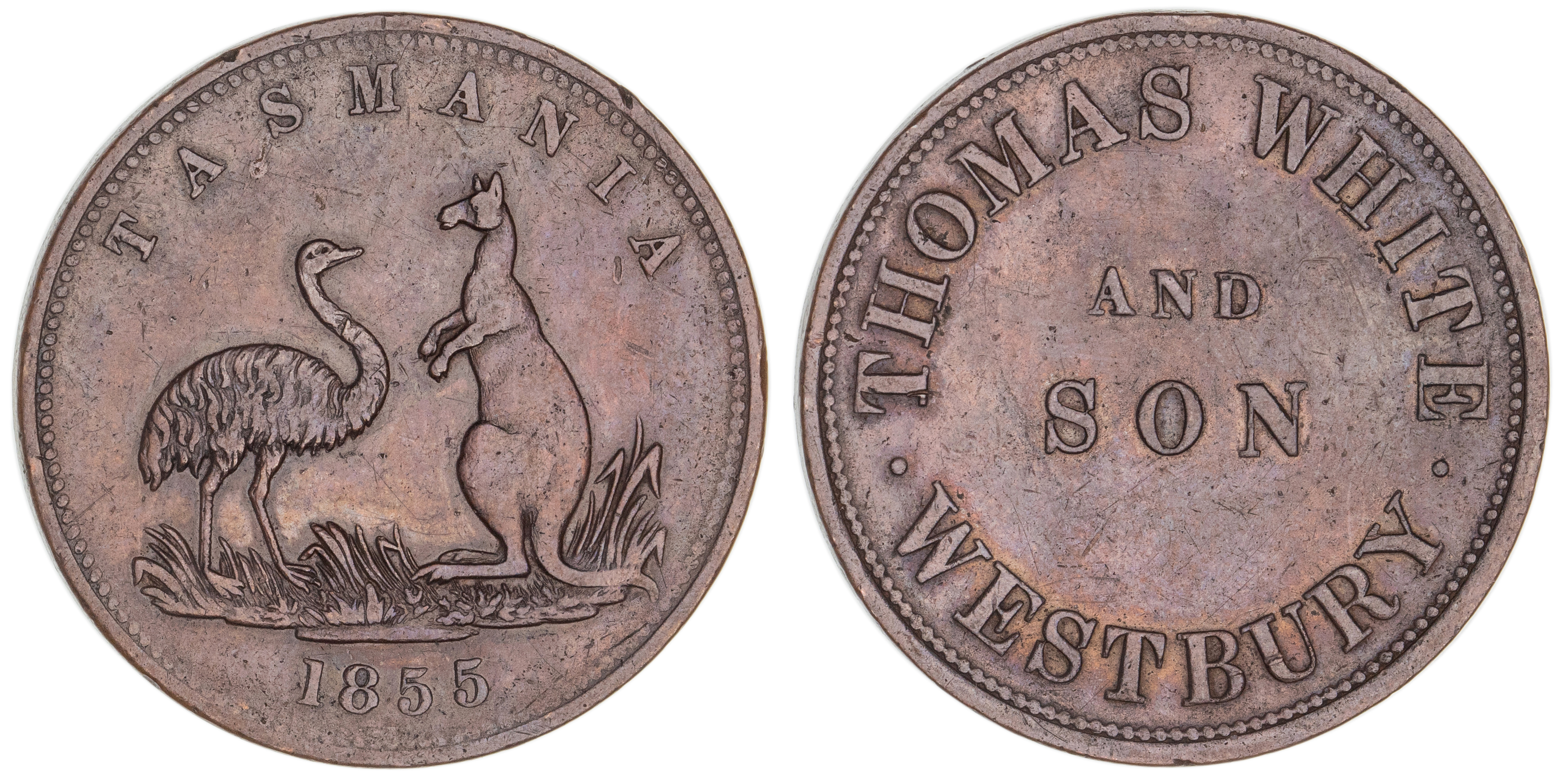 Thomas White, Westbury, Tas., Penny, 1855, VF