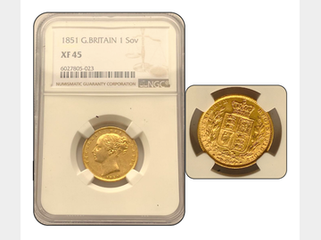 1851 VICTORIA YOUNG HEAD LONDON MINT SHIELD GOLD SOVEREIGN NGC XF45