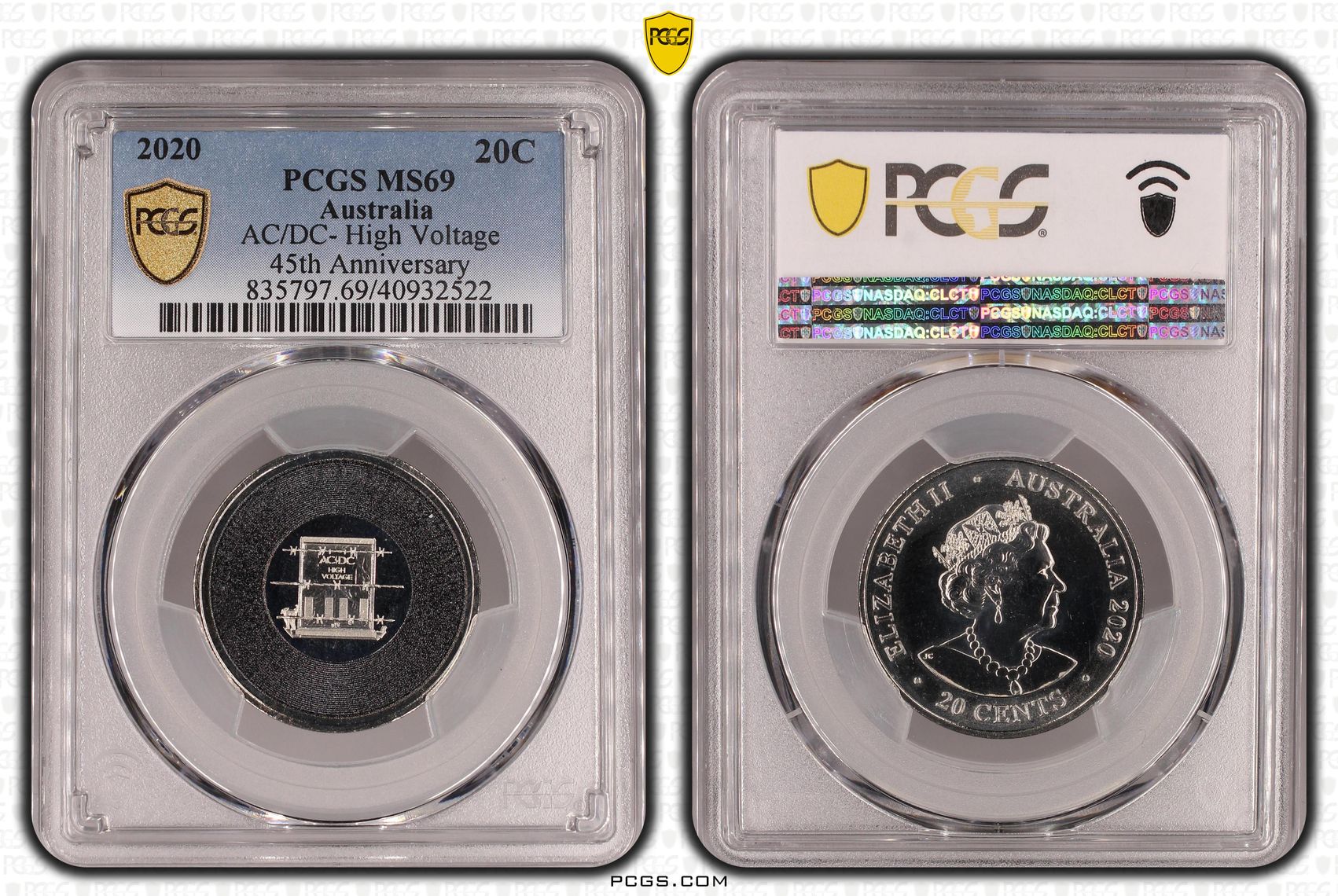 AC/DC- High Voltage 45th Anniversary, Twenty Cent, 2020, PCGS MS69