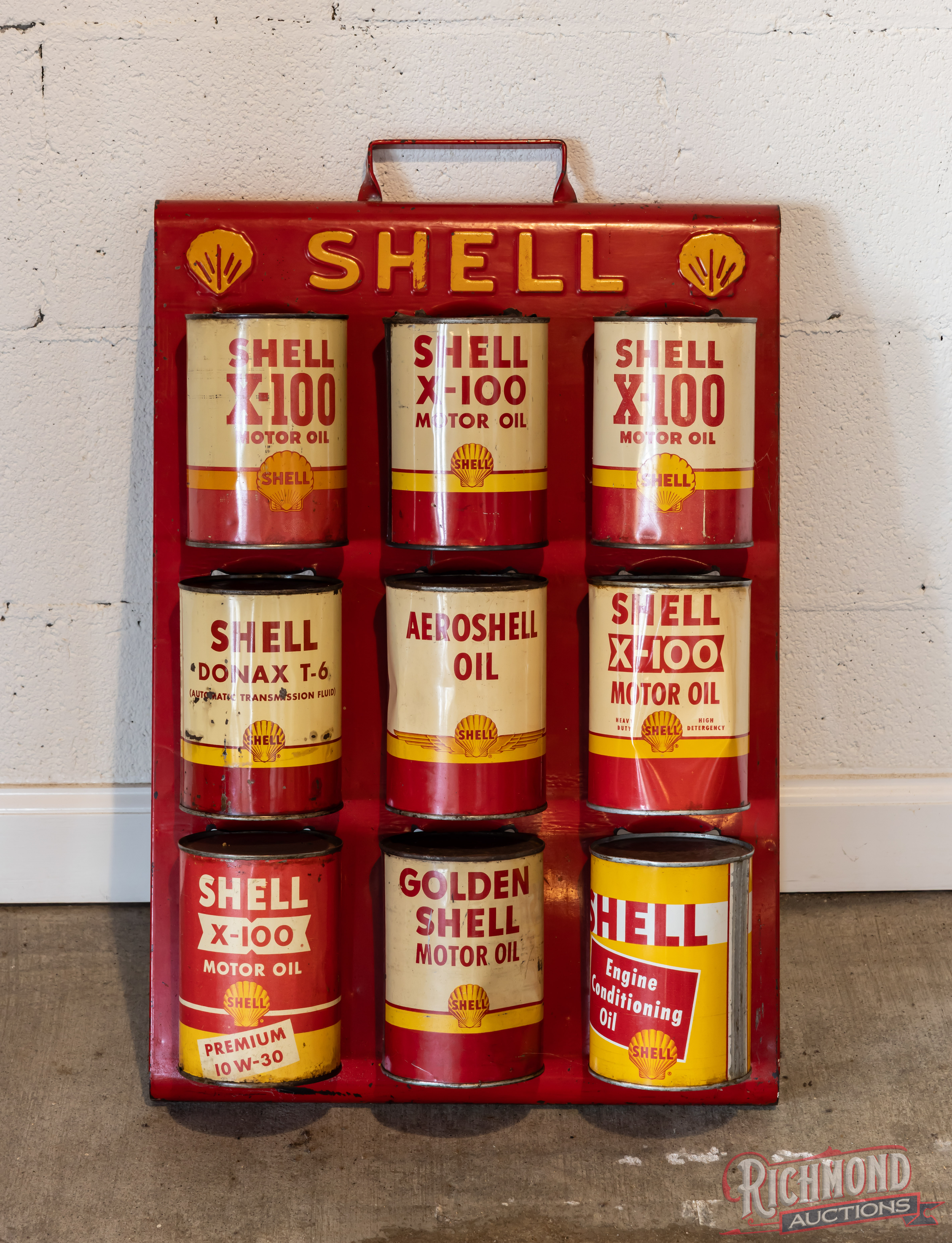 Shell Oil Can Rack Shell Quart Can Service Station Display Rack w/ 9 Cans | Richmond Auctions