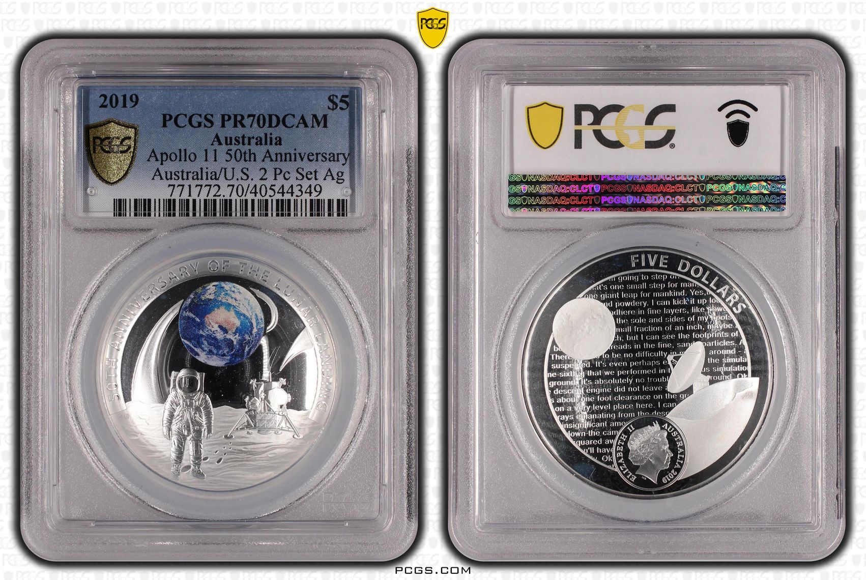 Apollo 11 50th Ann., POP 10/0, Five Dollar, 2019, PCGS PR70DCAM