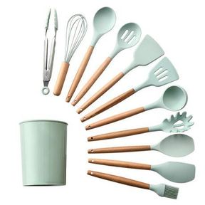 Kitchen Utensils 12 Piece Silicone with Holder Mint Cracked Bucket|