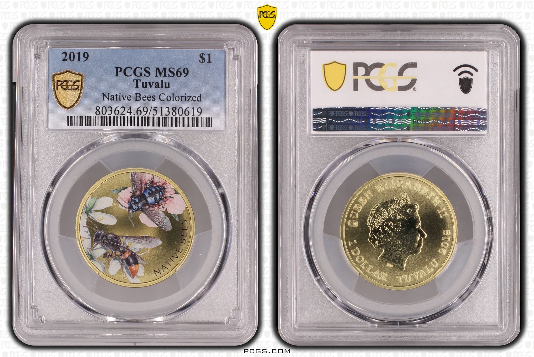 Tuvalu, Native Bees Colorized, One Dollar, 2019, PCGS MS69