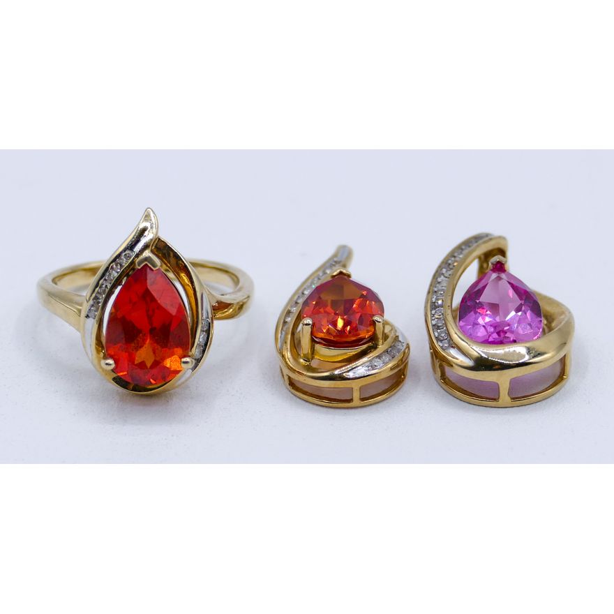 3pc Ladies 10k Colored Stone Ring & Pendants - 10.9 Grams TW