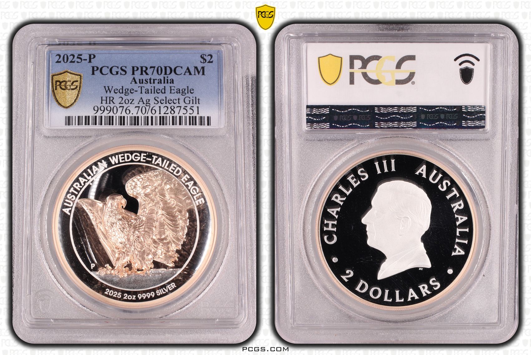 Wedge-Tailed Eagle HR 2oz Silver Select Gilt, 5/0, Two Dollar, 2025-P, PR70DCAM