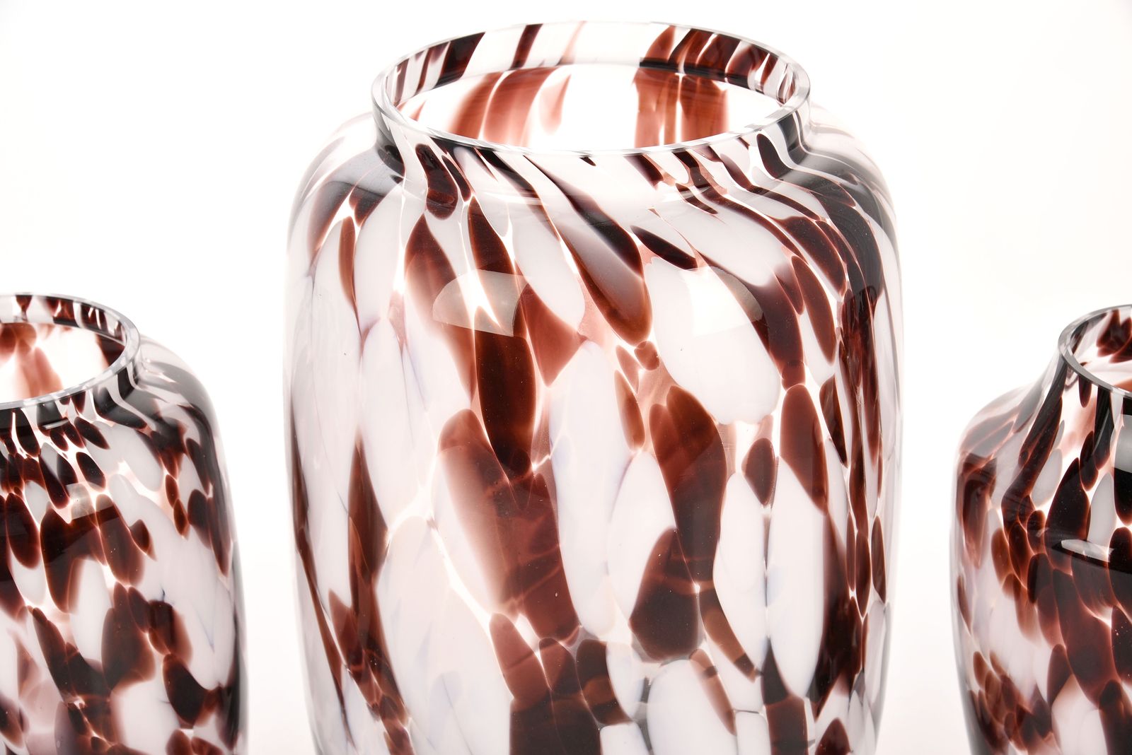 Three brown & white decorative glass vases of sizes 36cm Largest & 25cm