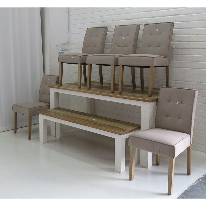 CORICRAFT DINING TABLE, BENCH AND SET OF 5 CHAIRS