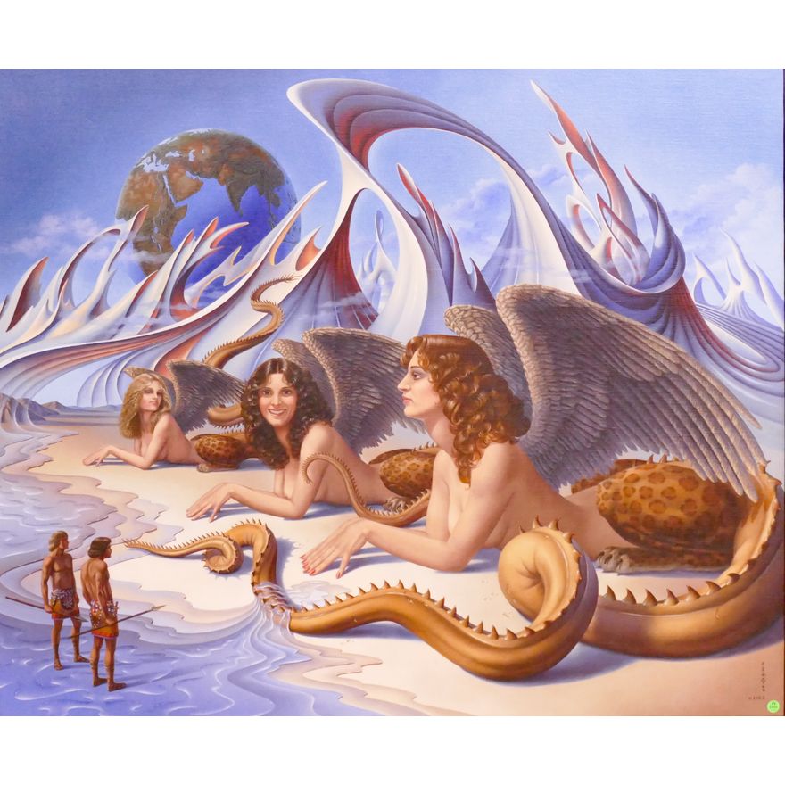 Ilene Meyer (1939-2009 Washington) Dragon Women Surrealist Oil on Canvas 1982 Framed- 41x49''