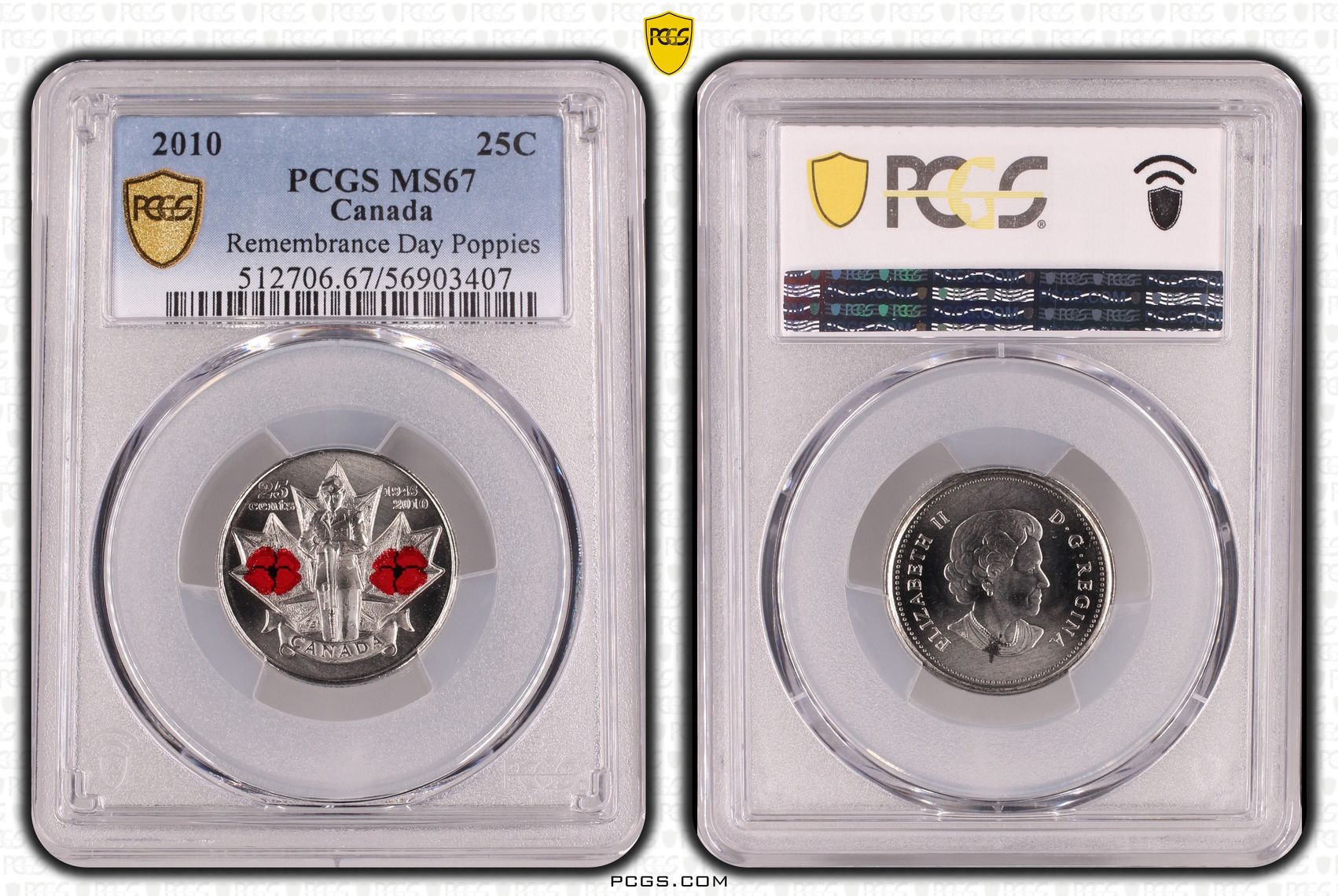 Canada, Remembrance Day Poppies, Twenty Five Cent, 2010, PCGS MS67